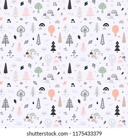 Woodland background. Autumn Forest Vector Seamless pattern. Childish Background with Hand Drawn doodle Trees. Design for kids