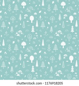 Woodland background. Autumn Forest Vector Seamless pattern. Childish Background with Hand Drawn doodle Trees. Design for kids