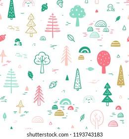 Woodland background. Autumn Forest Vector Seamless pattern. Childish Background with Hand Drawn doodle Trees. Design for kids
