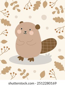 Woodland Background Beaver Card Vector Illustration