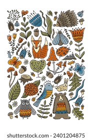 Woodland background. Forest animals in cartoon style. Ideas for kids design - posters, cards, banners etc