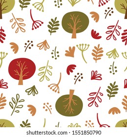 Woodland background. Forest Vector Seamless pattern. Childish Background with Hand Drawn doodle plants for design.