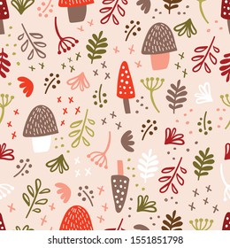 Woodland background. Forest Vector Seamless pattern. Childish Background with Hand Drawn doodle plants for design.