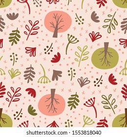 Woodland background. Forest Vector Seamless pattern. Childish Background with Hand Drawn doodle plants for design.