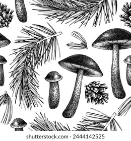 Woodland background. Mushroom seamless pattern. Autumn forest plants sketches. Hand-drawn vector illustration. Botanical design. NOT AI generated.