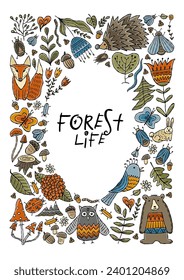 Woodland background with place for your text. Forest animals in cartoon style. Ideas for kids design - posters, cards, banners etc