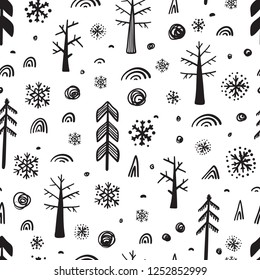Woodland background. Winter forest seamless pattern. Christmas and New Year Pattern. Hand drawn Doodle Trees, Christmas Tree, Snow, Snowflakes, Snowballs. Holiday Xmas wallpaper.