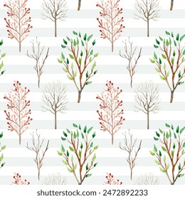 Woodland backgrounds. Seamless pattern with watercolor trees. Creative floral texture.