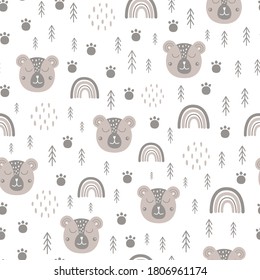 Woodland bear pattern Scandinavian animal face, baby rainbow. Cute wildlife surface Kids tribal bear background