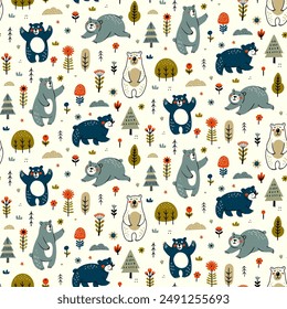 Woodland Bears in Autumn Colors seamless pattern with trees and flowers. Adorable cartoon wildlife vector illustration perfect for kids nursery decor and Children Products. Scandinavian hygge design.
