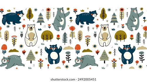 Woodland Bears in Autumn Colors seamless pattern frame border