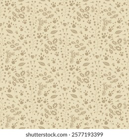 Woodland beige seamless pattern. Forest endless background. Berries and leaves repeat cover. continuous ornament. Surface pattern design motif. Vector hand drawn illustration.