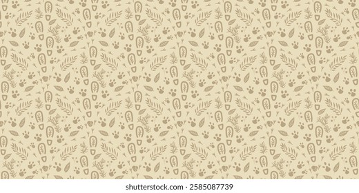 Woodland beige seamless pattern. Forest endless background. Neutral repeat cover. Surface pattern design motif. Vector hand drawn illustration.