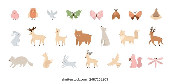 Woodland. Big set vector cartoon with wild animals, birds and insects. Cute hand drawn illustration in neutral tones with textures.