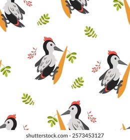 Woodland birds perched on branches with colorful leaves in a playful pattern design