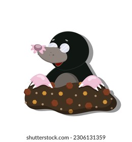 Woodland blind ground animal set. Cute forest wild little black mole. Perfect for scrapbooking, card, poster, sticker kit. Children educational banner. Fauna image for kid. Vector illustration