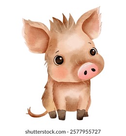 Woodland boar. Watercolor baby pig. Cute little pig in watercolor painting style.