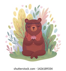 Carácter Woodland Boho - un oso meditante lindo sentado en el bosque. Ilustración vectorial.