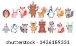 Woodland Boho characters -  bear, fox, raccoon, hedgehog, penguin, deer, rabbit, owl and squirrel. Cute forest animals. Vector illustration.