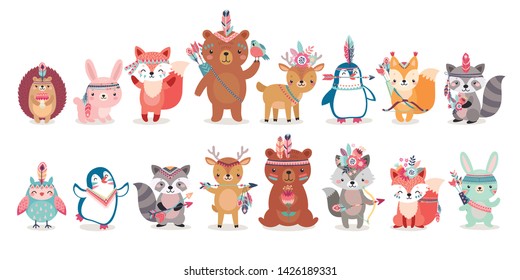 Woodland Boho characters -  bear, fox, raccoon, hedgehog, penguin, deer, rabbit, owl and squirrel. Cute forest animals. Vector illustration.