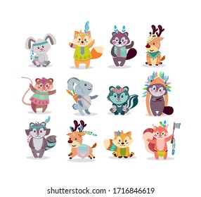 Woodland Boho Characters Flat Icon Kit. Cartoon Cute Rabbit, Fox, Racoon, Deer, Mouse, Squirrel Vector Illustration Set. Fluffy Sweet Animals Concept