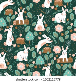 Woodland Bunnies Vector Seamless Pattern