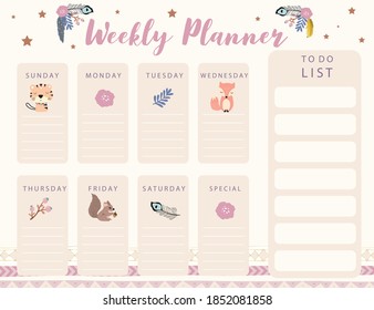 Woodland calendar planner with fox, feather, flower,tiger.Can use for printable,scrapbook,diary