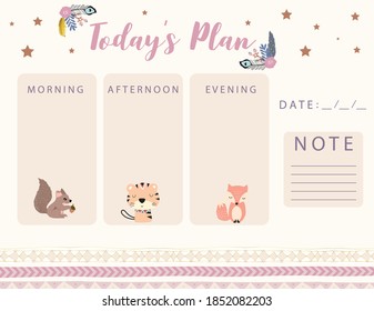 Woodland calendar planner with fox, feather, flower,tiger.Can use for printable,scrapbook,diary