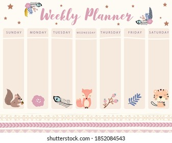 Woodland calendar planner with fox, feather, flower,tiger.Can use for printable,scrapbook,diary