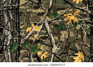 Woodland camo pattern with branches, leaves, and Realtree aesthetics