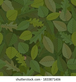 Camo de Woodland. Fondo vectorial impecable. Hojas caídas: verde, marrón y caqui. Patrón recurrente para camuflaje en bosque caducifolio. Disfraza ropa, armas y municiones, esconde formas de objetos.