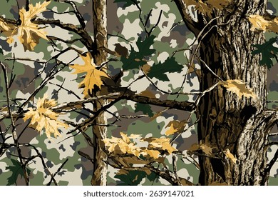 Woodland camouflage background. Real tree pattern. Hunting camouflage pattern. Seamless pattern. Digital camouflage. Abstract. Deer hunting