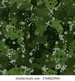 El fondo del patrón de camuflaje de Woodland es una ilustración vectorial sin fisuras. Estilo clásico de ropa enmascarando la impresión repetida de camo. Colores verdes textura del bosque