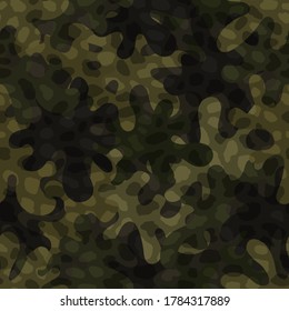Woodland camouflage pattern background seamless vector illustration. Cool fancy styled clothing masking camo repeat print. Green olive colors forest texture
