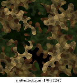 Woodland camouflage pattern background seamless vector illustration. Cool fancy styled clothing masking camo repeat print. Green olive colors forest texture