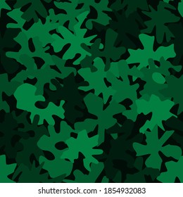 Woodland camouflage pattern background seamless vector illustration. Classic clothing style masking camo repeat print. Green malachite colors forest texture