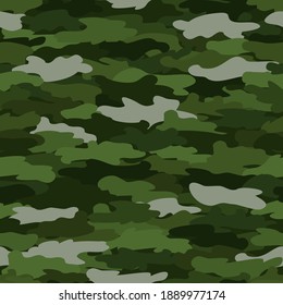 Woodland camouflage pattern background seamless vector illustration. Classic clothing style masking camo repeat print. Green colors forest texture