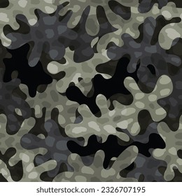 Woodland camouflage pattern background seamless vector illustration. Cool fancy styled clothing masking camo repeat print. Desaterated olive colors forest texture