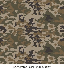 Woodland camouflage seamless pattern. Camo background, natural curved wavy shapes. Military print for textile in green khaki colors. Vector illustration 