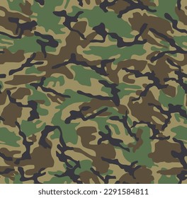 Woodland camouflage seamless pattern. Four colors, black, brown tan and olive green.