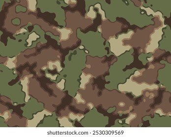 Woodland camouflage seamless pattern. The pattern includes various shades of green, brown and beige to help blend into natural surroundings. For military and hunting purposes.