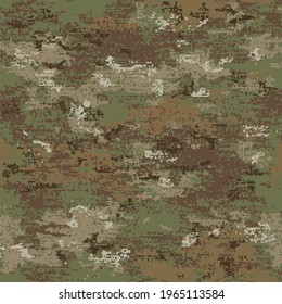 Woodland camouflage seamless pattern incorporating tiny pixels of dark brown, light brown, gray and white on a green background.