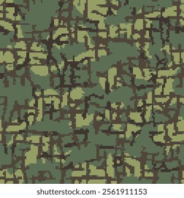 Woodland camouflage seamless pattern incorporating tiny pixels and irregular grid shapes of brown, black, olive green and light green.	
