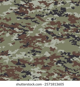 Woodland camouflage seamless pattern incorporating tiny pixels and geometrical shapes of brown, light olive green, white and black.