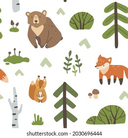 Woodland cartoon pattern. Seamless texture for fabric, textile, wrapping, paper, stationery.