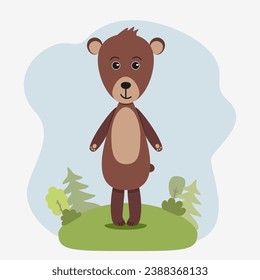 Woodland character bear in cartoon style. Animal in forest landscape. Vector illustration of bear for Сhildren's books, cards, stationery, magnets.