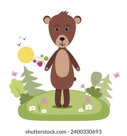 Woodland character bear in cartoon style. Animal in forest landscape. Vector illustration of bear for Сhildren's books, cards.