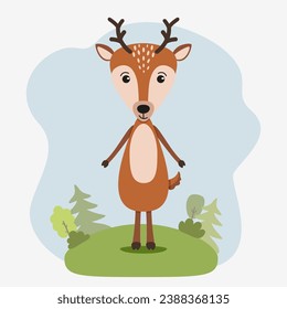 Woodland character deer in cartoon style. Animal in forest landscape. Vector illustration of deer for Сhildren's books, cards, stationery, magnets.