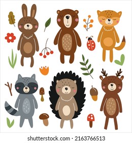 woodland characters - bear, fox, raccoon, hedgehog, deer, rabbit. Cute forest animals. Vector illustration.