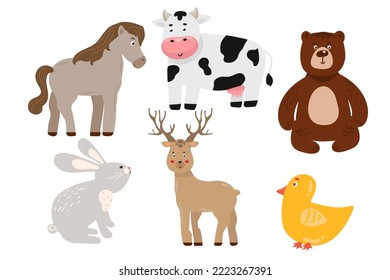Woodland characters. Cartoon cute animals for baby cards. horse, bear, deer, chicken, cow, hare